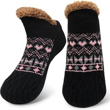 Womens Fuzzy Slipper Socks with Grip: Non Slip Winter Thick Medium Black
