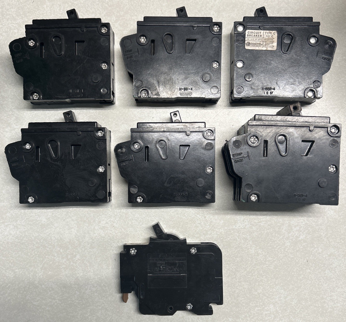 American Switch Co. Circuit Breaker Lot Of 7, 15/20/40 Amp TYPE C/HACR Stab-Lok