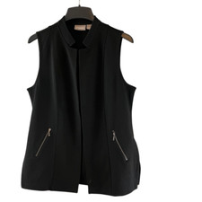 Chico  s Mid Length Open Front Textured Ribbed Vest Black Zip Pockets Sz Medium 