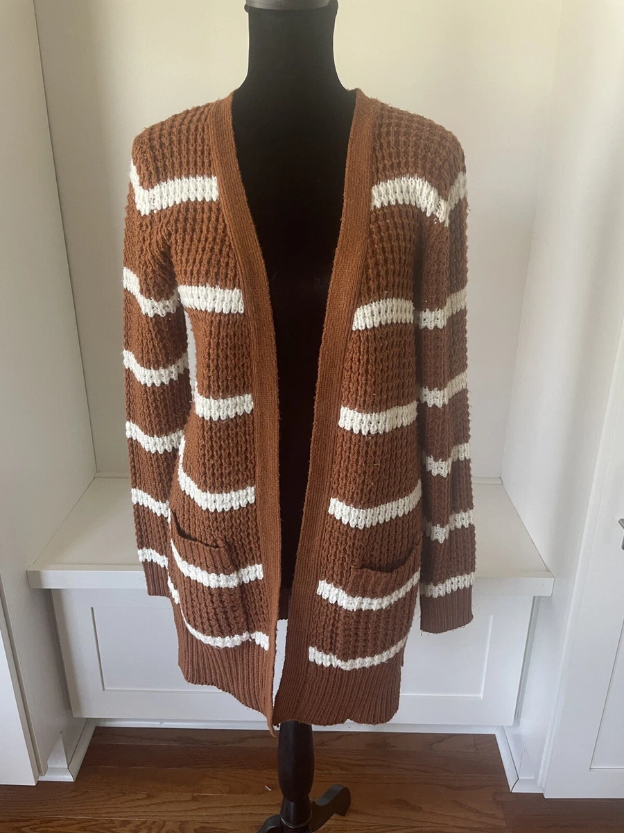Pink Rose Brown White Striped Knit Cardigan Medium Crisscross Back Detail |  eBay