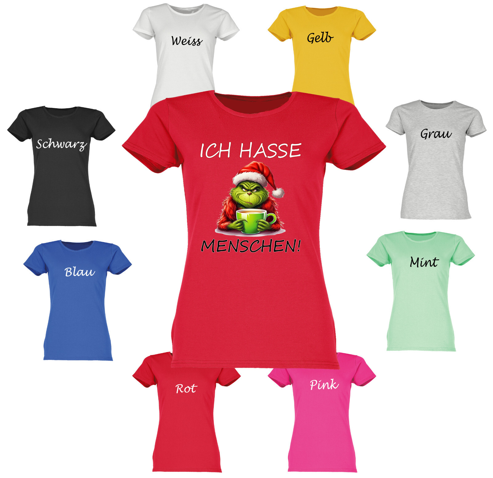 Ich hasse Menschen, Grinch Damen T-Shirt, Funshirt, Sprücheshirt, Frauen , Joke