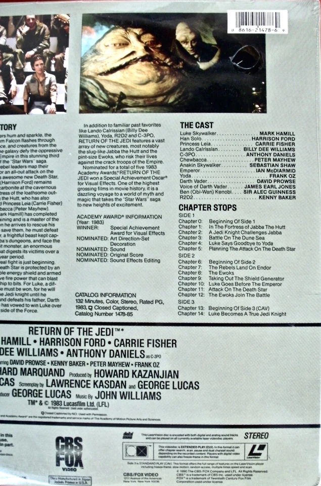 STAR WARS RETURN of the JEDI LASER DISC 2-DISC SET CBS FOX VIDEO EXTENDED PLAY - Image 4 of 4