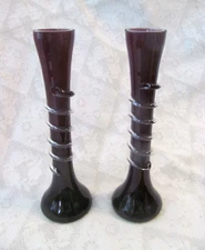 Pair~Vintage Purple Amethyst Art Glass Vases Applied Spiral Hand Blown Cased 8"