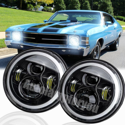 DOT Pair 7 inch Round LED Headlights Hi/Lo Blue Halo For Chevy Nova Camaro Monza