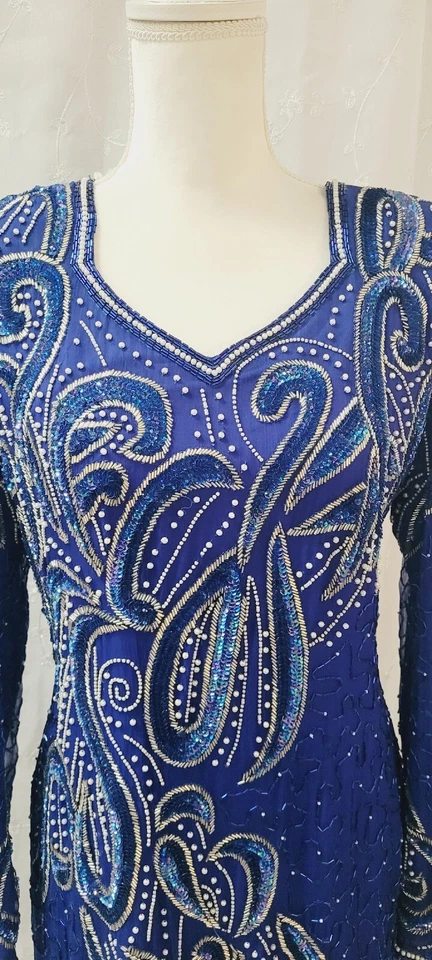 Vintage Stenay Blue Silk Pearl Beaded Sequin Dress Sleeves Cocktail Formal 8 - Image 2 of 4