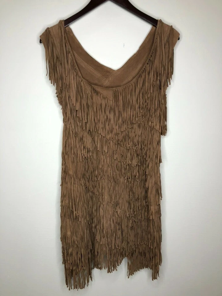 Vestido AllSaints Spitalfields Cabra Gamuza Cuero Marrón Flecos Sin Mangas Talla 00 Foto 2 de 4