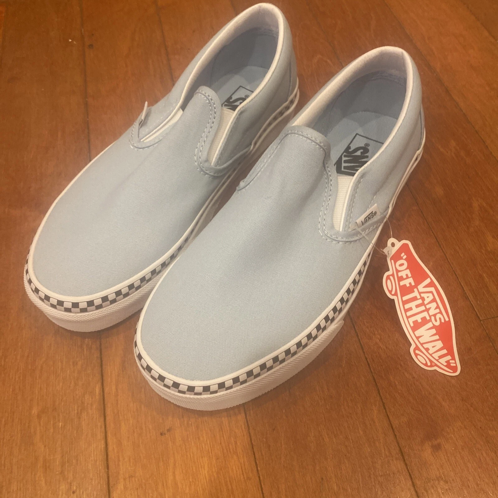 *NEW* VANS Classic Slip on Loafer light blue w black white check Sz 7..5 W 9