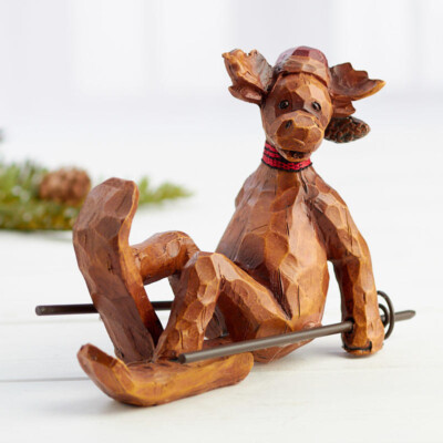 Bulk Case of 36 Faux Wood 7'' Decorative Carved Skiing Moose