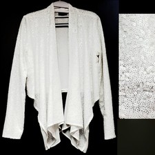 New~white Shiny Sequin~long Sleeve~front Draped~cropped Jacket Bolero Shrug~l
