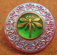 Insects #09 - Czech Glass Gold Dragonfly with Green Background  on Red Button