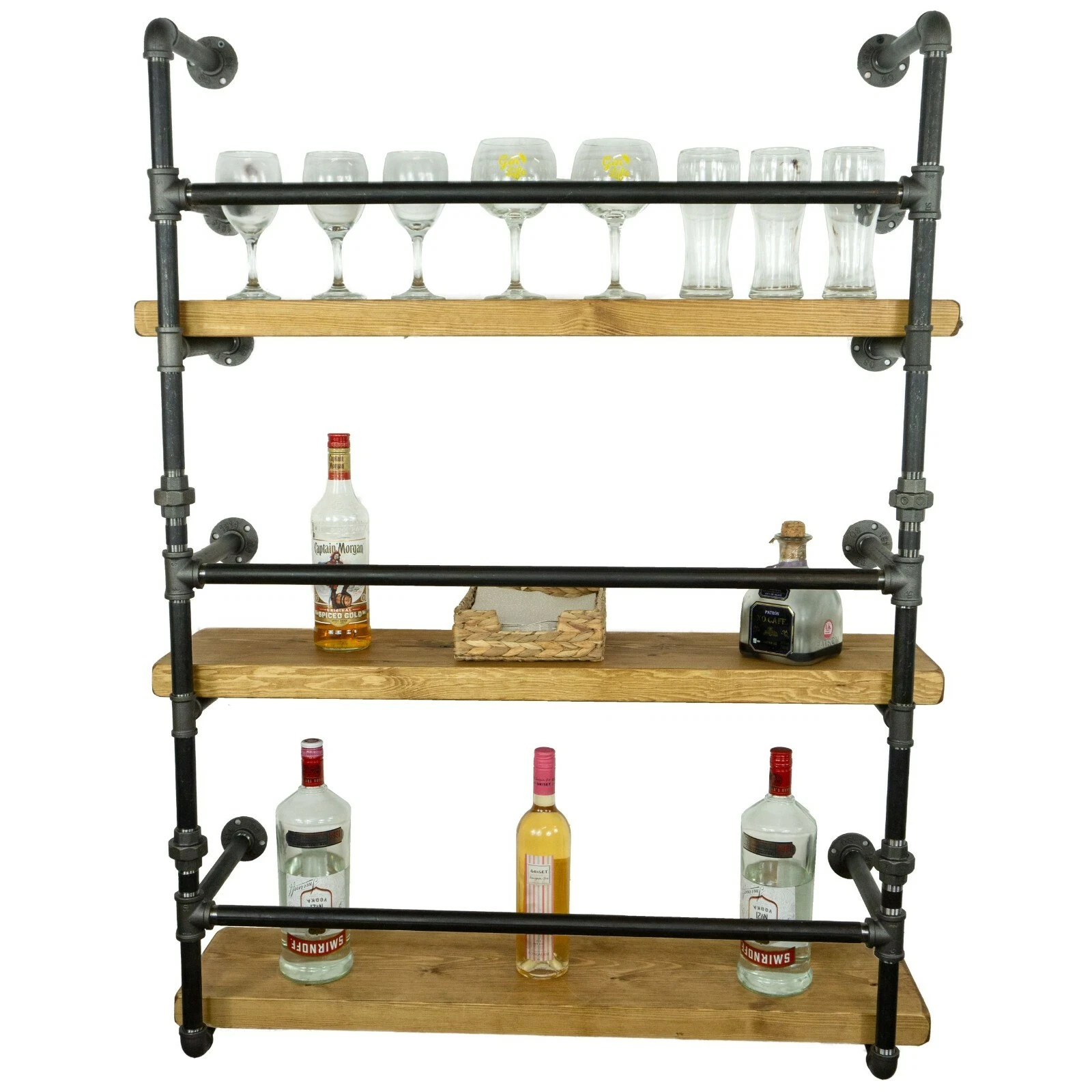 Industrial Drinks Cabinet/Shelving Unit- Reclaimed Timber & Raw Steel Pipe Style