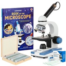 AmScope 40-1000X Portable Student LED Microscope Kit w USB Camera, Book, Slides
