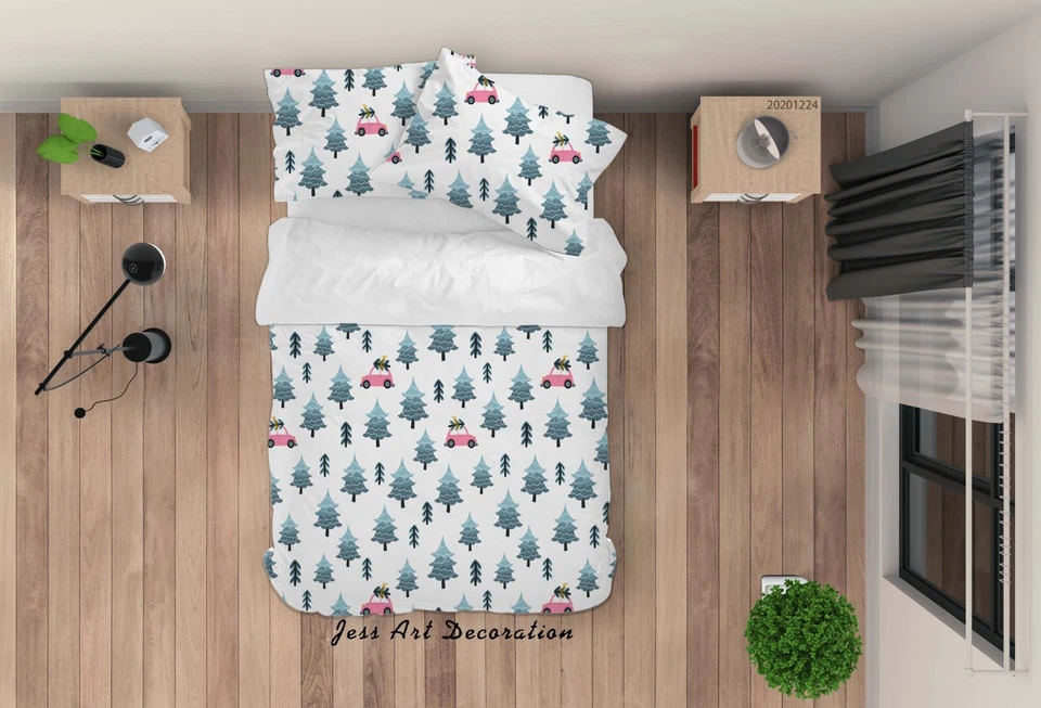3D Christmas Pine Car Pattern Blue Quilt Cover Set Bedding Sets Pillowcases 64 — 第 2/4 张图片