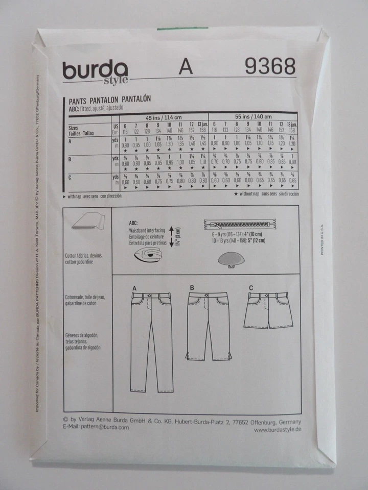 Burda Kids 9368 Pants, Shorts & Capri Sewing Pattern 6-13, Uncut - Image 3 of 3
