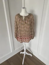 Lucky Brand Womens Floral Paisley Smocked Peasant Long Sleeve Blouse Size Medium