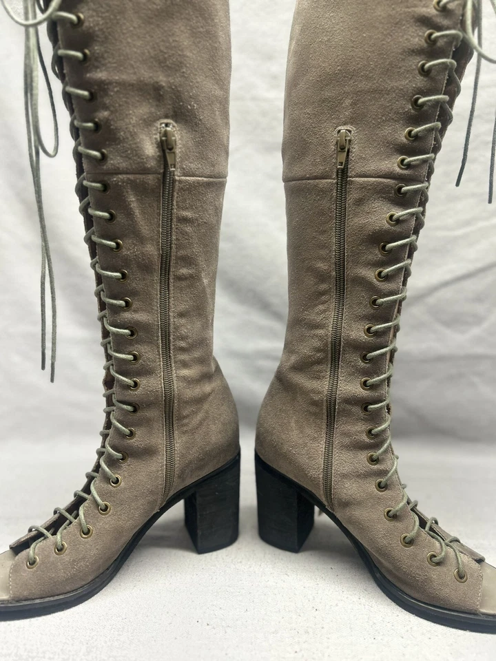 Jeffery Cambell Free People knee high open toe laced women's 8.5 tan suede boots - Image 4 of 4