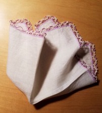 Antique Linen Hankie Intricate Lavender White Crochet Lace 11 3/4" x 11 3/4"