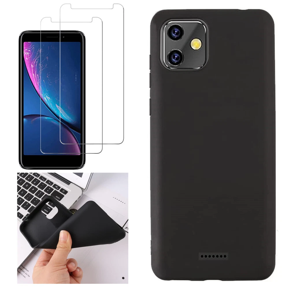 Phone Case Silicone Gel Soft Black Cover Tempered Glass Screen Protector Films