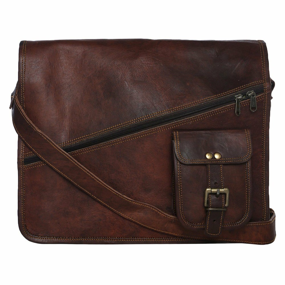 Tan Vintage Leather Satchel Messenger Work Laptop Briefcase Bag