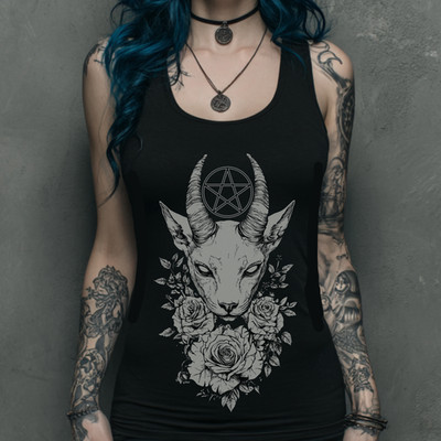 Occult Cat Goth Tank Top, Witchy Gothic Graphic Shirt, Emo Punk Grunge Clothing