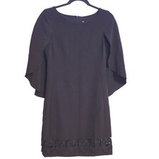 Yoana Baraschi Black Cape Sleeve Dress Crochet Trim Knee Length Sz 8