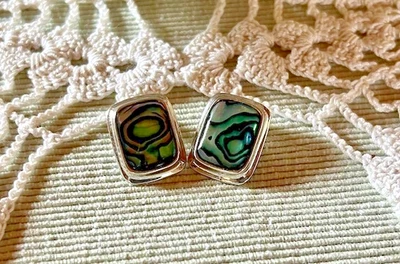 Boucles d'oreilles anciennes nacre d'Abalone lucite argenté clips - Photo 1/4
