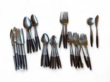 Interpur Wood Handle Vintage Flatware Japan MCM Stainless Steel Teak Wood 37 pc