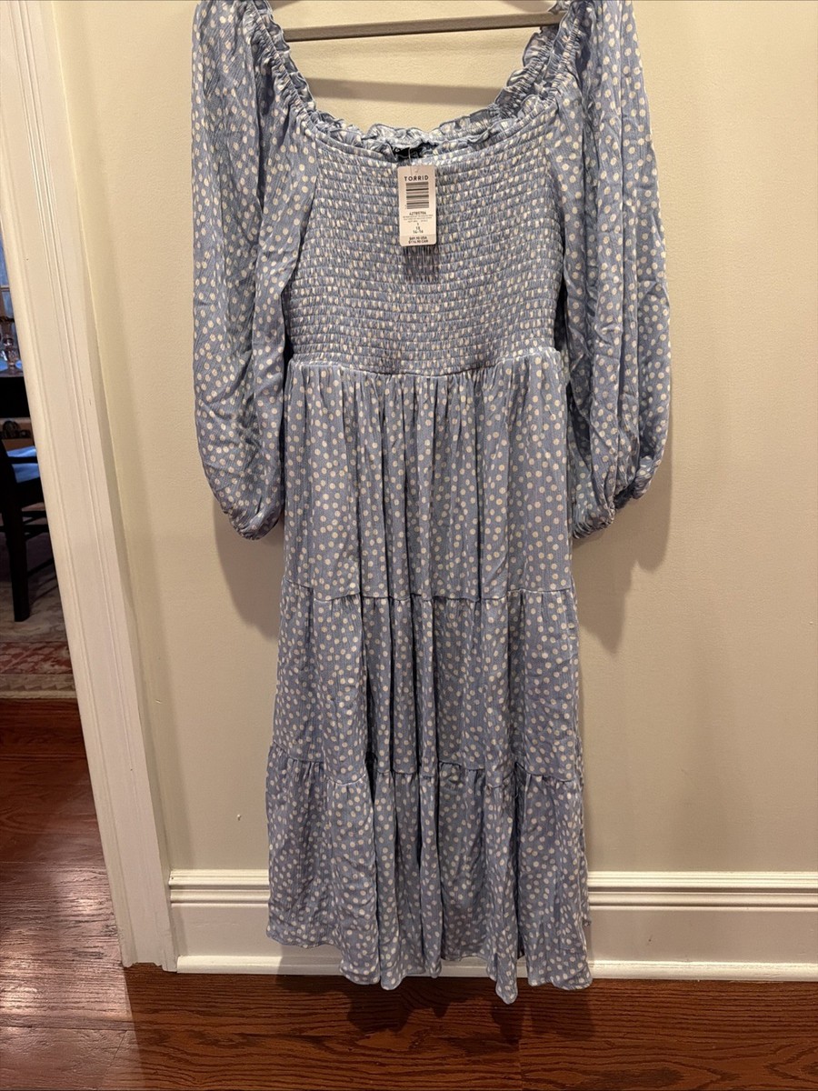Torrid Dress Womens Plus Size 1X Blue Polka Dot Long Sleeve Skater Stretch  New | eBay