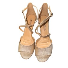 American Glamour Badgley Mischka Gold Glitter Wedge Sandals Peep Toe Heels 7