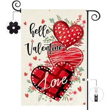 Valentine's Day Garden Flag 12.5x18 Inch Double Sided, Floral Plaid Check Red Pi