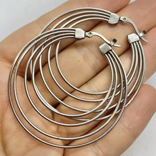 Vtg Quadruple Silvertone Large Split 4 Hoop Drop Earrings Statement Post Large