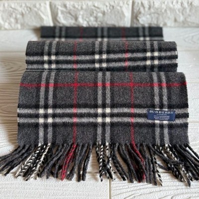 Burberry Cashmere Check Scarf Gray Red 150×31.5cm Fringe Luxury