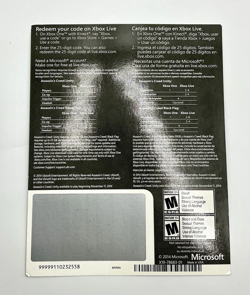 *Download Code* XBOX ONE ASSASSIN'S CREED IV BLACK FLAG & ASSASSIN'S CREED UNITY - Image 2 of 2