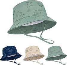 Baby Sun Hat - UPF50 Wide Brim Bucket Hats 6-12 Months Seaweed Blue Dinosaur