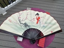 Oriental/Asian, Gold Hand Painted Fan/ Wall Art, 50 x30 " And Flowers
