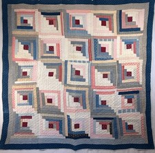 c.1900 Antique Log Cabin Quilt Indigo Shirtin...