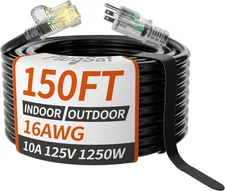16/3 Gauge Black Outdoor Extension Cord 150 Ft Waterproof with Lighted Indicator