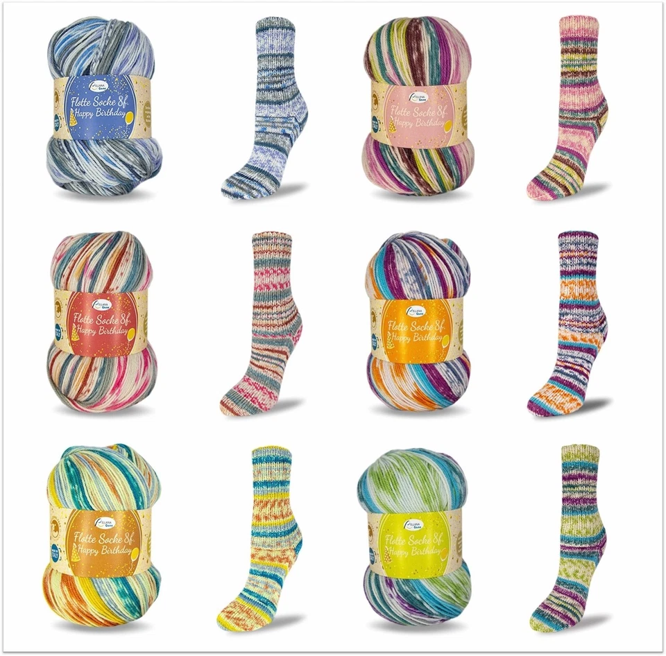 RELLANA 100g Flotte Socke Happy Birthday 8-fach Sockenwolle zum Stricken GP 79,50€/1kg