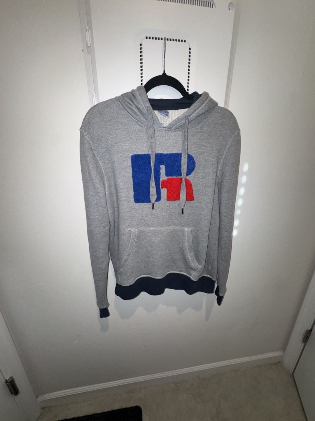 Russell Athletic Gray Hoodie with Flocked Blue and Red Logo Patch Size M