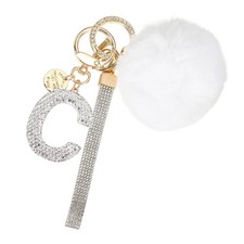 Initial Letter C Keychain with Pom and Rhinestone Wristlet, White