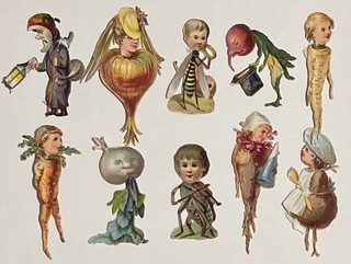 Oblaten Glanzbild scrap Komik Figuren 5cm Gemüse vermenschlicht Insekten Kinder