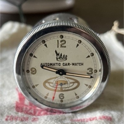 Maas Patent Autodate Automatic Car-Watch Clock w/ Cloth Pouch (1929)
