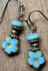 Etched Bronze and Blue Czech Flower Bead Earrings. Flowers. Bloom.