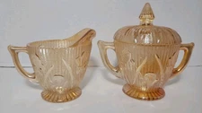 Vintage Jeanette Iris & Herringbone Carnival Glass Creamer & Sugar Bowl with Lid