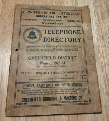 Antique Telephone Directory Greenfield Mass 1923-24 Bell System Soft Cover RARE