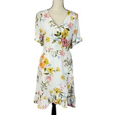 LOFT SZ 10 Tie Wrap Dress Floral Ruffle Short Sleeve Surplice V-Neck Above Knee 