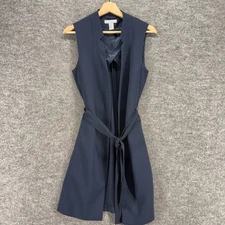 H&M Blazer Women 6 Blue Open Front Belted Sleeveless Lined Long Classic Fit