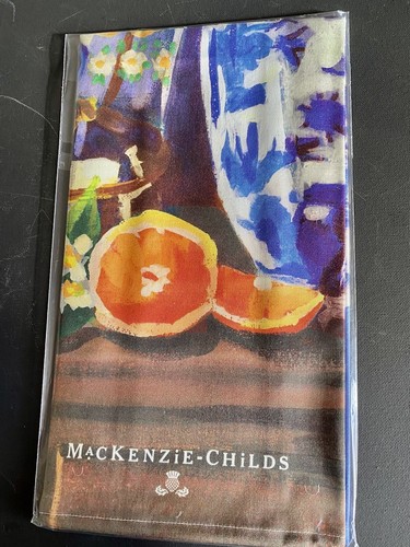 Mackenzie Childs Royal Check Still Life Art Dish Towel Chinoiserie Vase Oranges - Picture 4 of 7