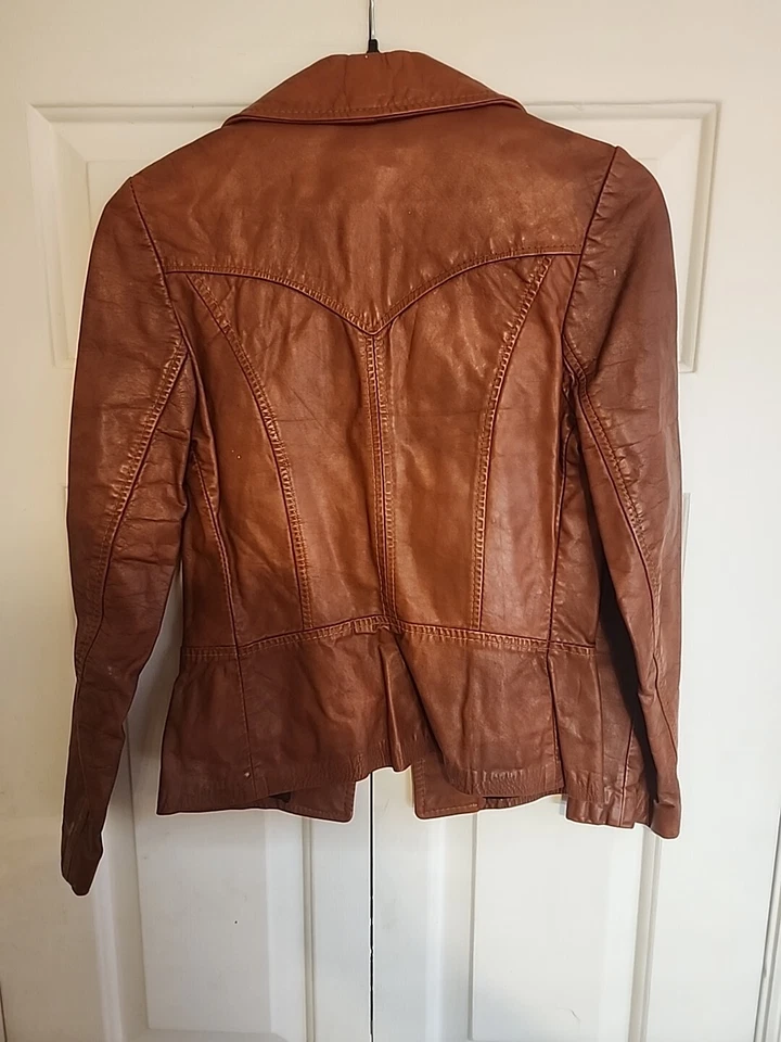CHAQUETA DE CUERO AJUSTADA CLÁSICA VINTAGE AÑOS 70 MUJER MARRÓN ROJIZO TALLA PEQUEÑA Foto 4 de 4
