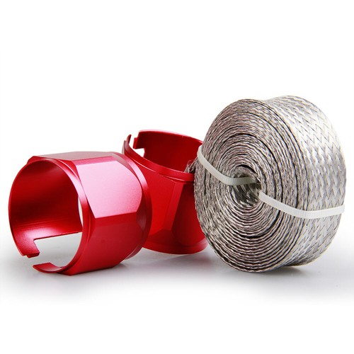 Red Universal Chrome Braided Stainless Steel Hose Cover Kit Radiator Fuel Line - Picture 5 of 12